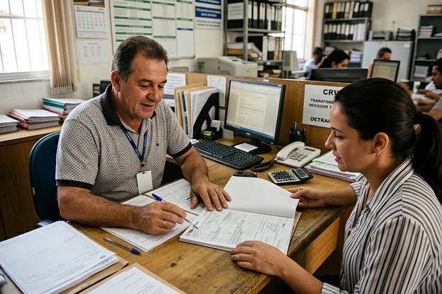 Despachante auxiliando cliente na transferência de veículo em Cabo Frio.