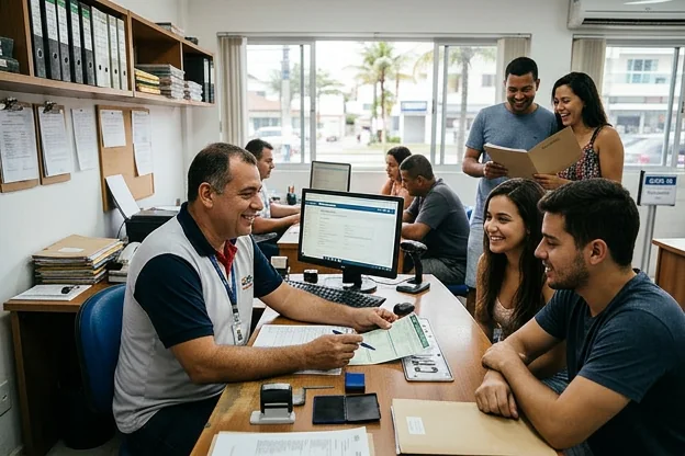 Despachante explicando os benefícios do licenciamento de veículos em Cabo Frio.